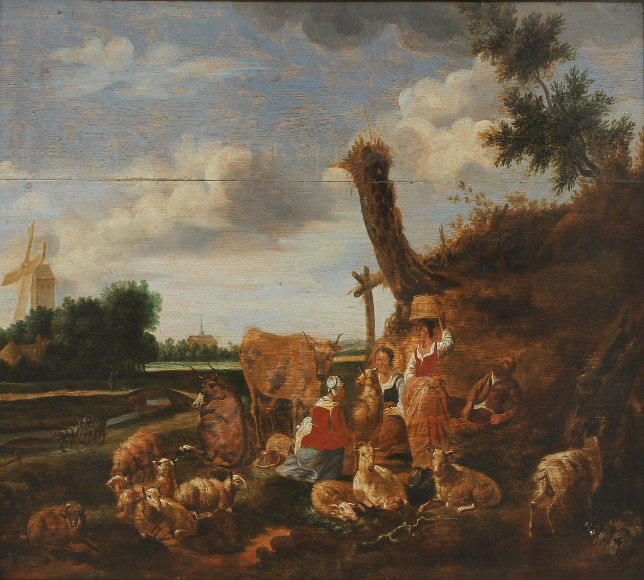 OIDENTIFIERAD KONSTNÄR, Figurscen med djur och människor., Olja på pannå, 1800-talets första hälft.