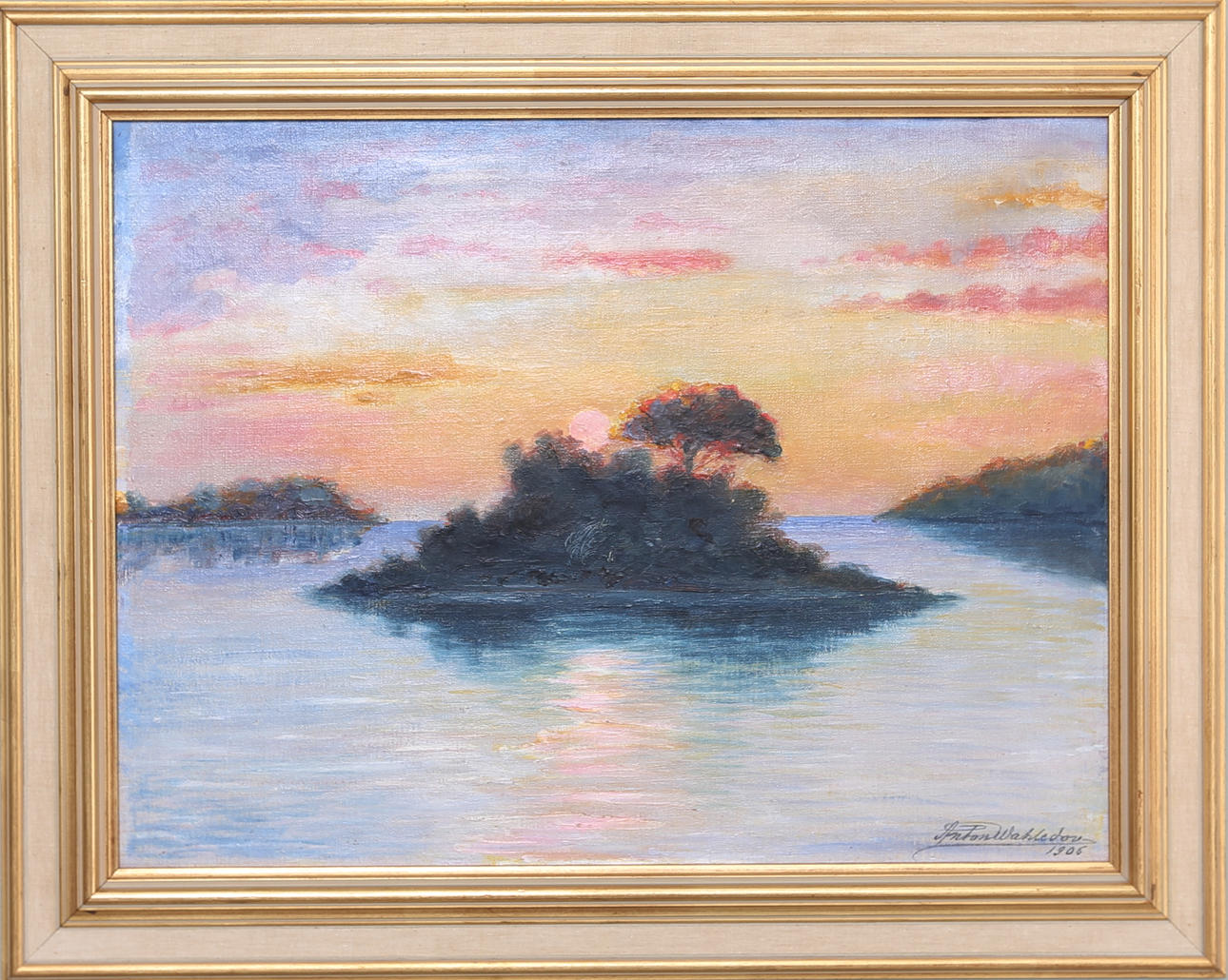 ANTON WAHLEDOW. Insjölandskap, olja på duk, signerad.
