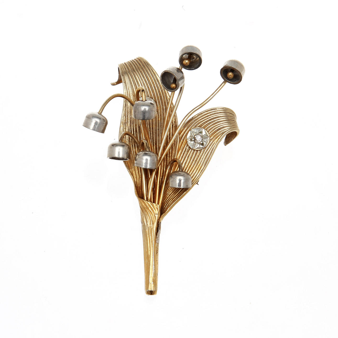 BROSCH i form av liljekonvalj i dosa. Silver (delvis förgyllt) och emalj med 2 små diamanter. Franklin Mint, Birmingham 1977.