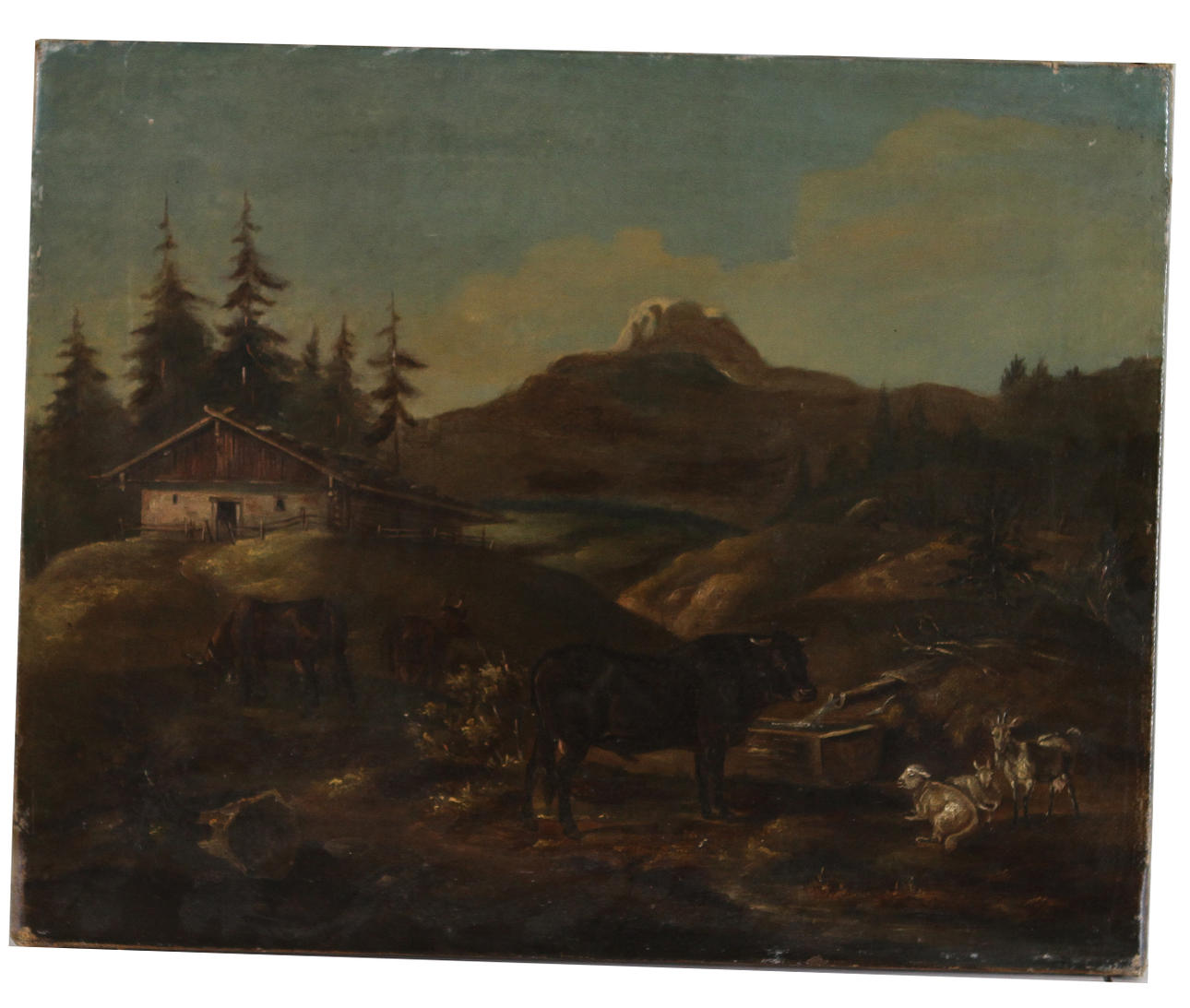 OKÄND KONSTNÄR. Olja på duk, landskapsbild med boskap.