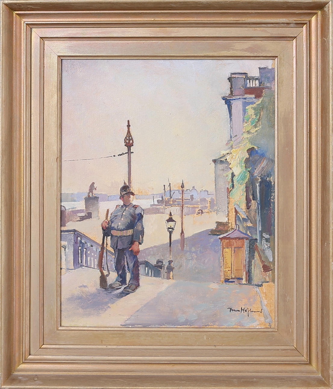 IVAN HOFLUND. Högvakten, Stockholms slott, olja på pannå, signerad.