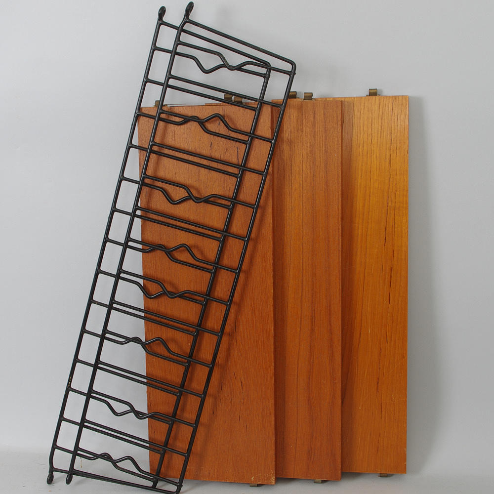 STRINGHYLLA, teak, 2 gavlar med 3 hyllor.