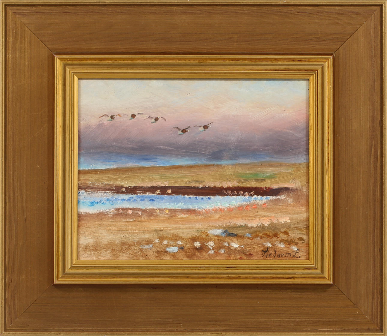 LINDORM LILJEFORS. Landskap med fåglar i flykt, olja på pannå, signerad.