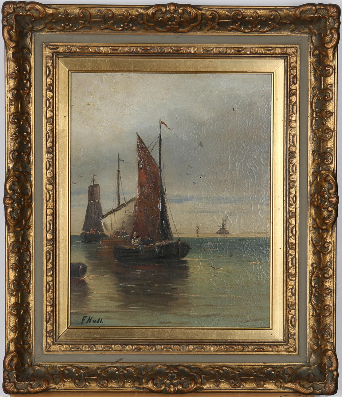 OIDENTIFIERAD KONSTNÄR. Segelbåtar på stilla hav. Olja på pannå. Signerad F.Hall.