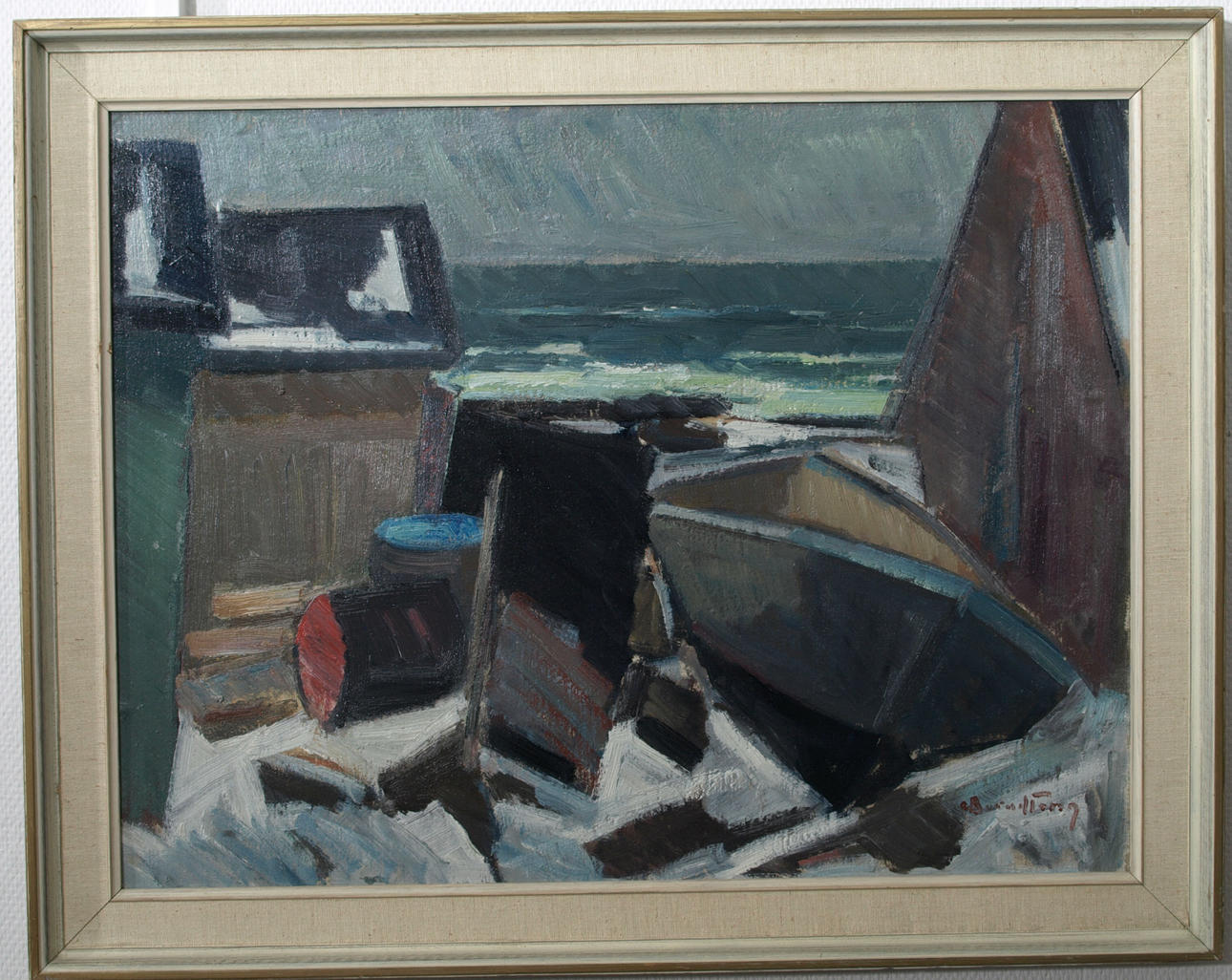 CARL BERNDTSSON. Olja på pannå, Fiskeläge, signerad C Berndtsson.