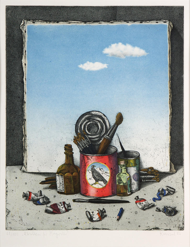 KRESSEL, DIETHER. ”Två moln för Magritte.” Färgakvatint etsning/papper. 49,3 x 39 cm R. u. Bleisign. och dat.: Kressel (19) 86. L. u. num. och Betit.: 62/100. Inramad under glas i passe-partout. Oöppnad.