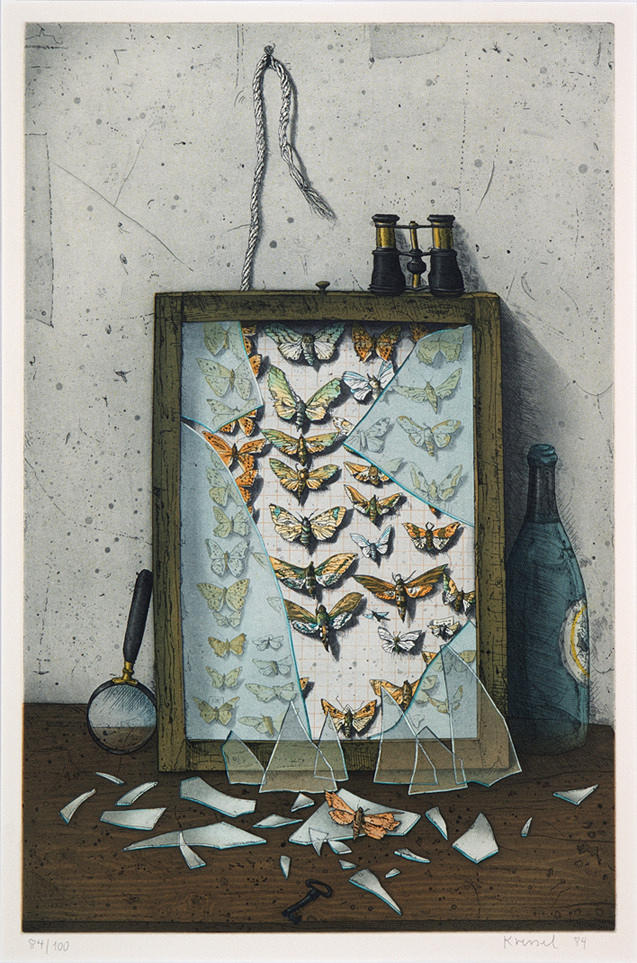 KRESSEL, DIETHER. ”Utan titel.” Färgakvatint etsning/papper. 55,2 x 35,7 cm R. u. skylt. och dat.: Kressel (19) 84. L. u. num.: 84/100. Inramad under glas i passe-partout.