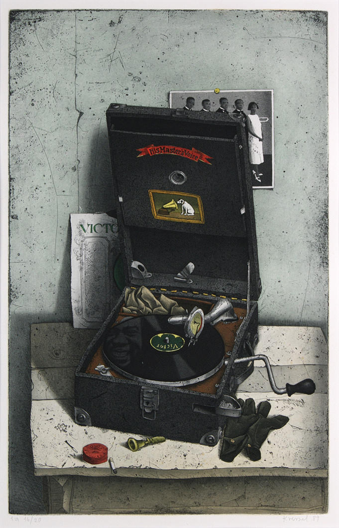 KRESSEL, DIETHER. ”Hans Masters Voice.” Färgakvatint etsning/papper. 59,5 x 37,5 cm R. u. skylt. och dat.: Kressel (19) 89. L. u. num.: 1 till 16/20. Inramad under glas i passe-partout. Oöppnad.