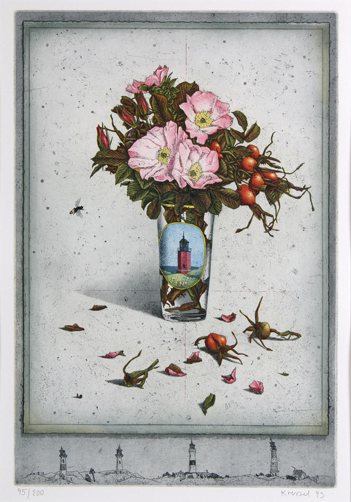 KRESSEL, DIETHER. ”Sylt.” Färgakvatint etsning/papper. 49,5 x 33 cm R. u. skylt. och dat.: Cressel (19) 93. L. u. num.: 95/200. Inramad under glas i en passe-parout. Oöppnad.