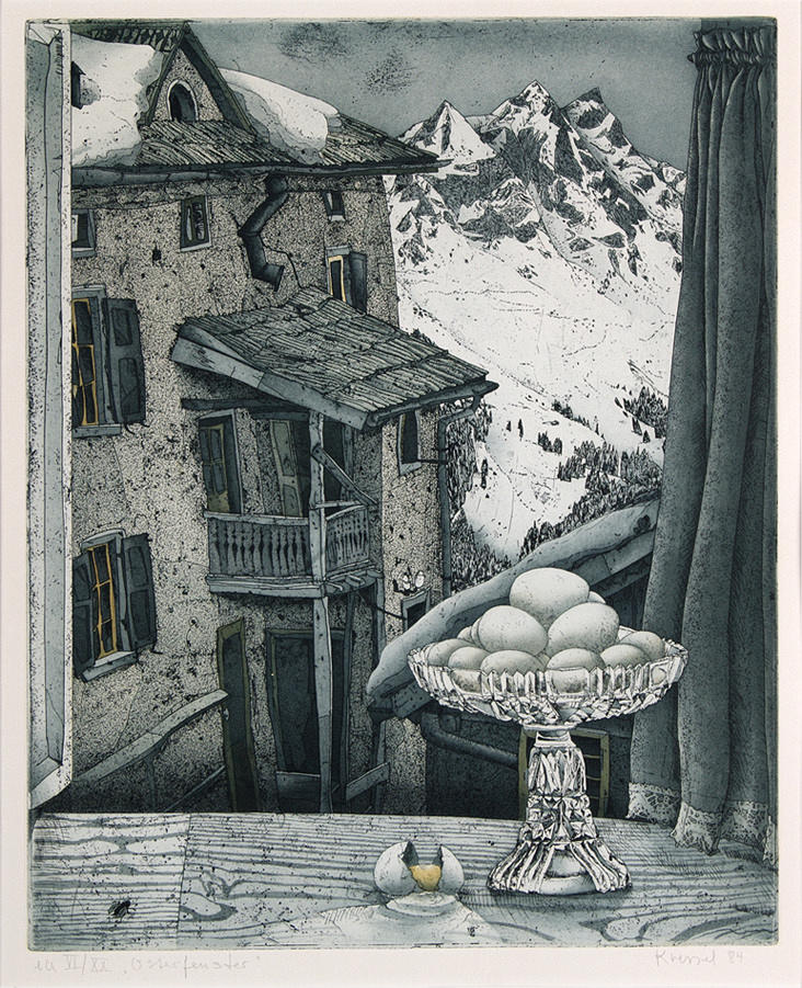 KRESSEL, DIETHER. ”Påsk fönster.” Färgakvatint etsning/papper. 49,5 x 39cm R. u. Bleisign. och dat.: Kressel (19) 84. L. u. num. och Betit.: 1 till VI/XX. Inramad under glas i passe-partout. Oöppnad.