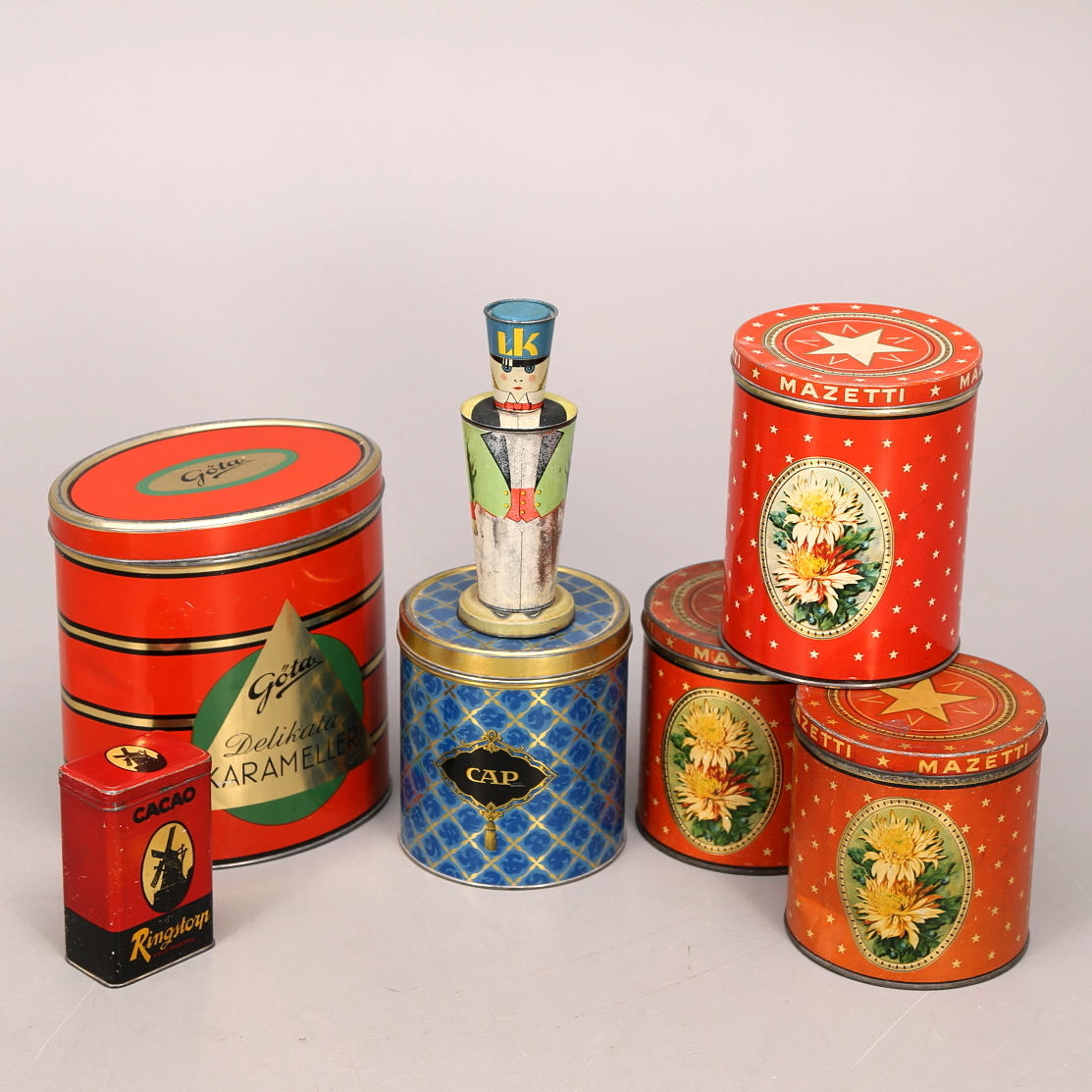 PLÅTBURKAR 7 st, 1900-talets första hälft, Mazetti, CAP, Göta, LK.