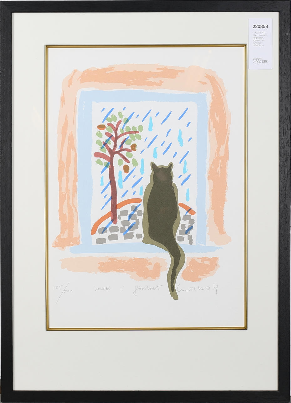 ULF LUNDELL. "Katt i fönstret". Färglitografi, signerad och numrerad 125/200.