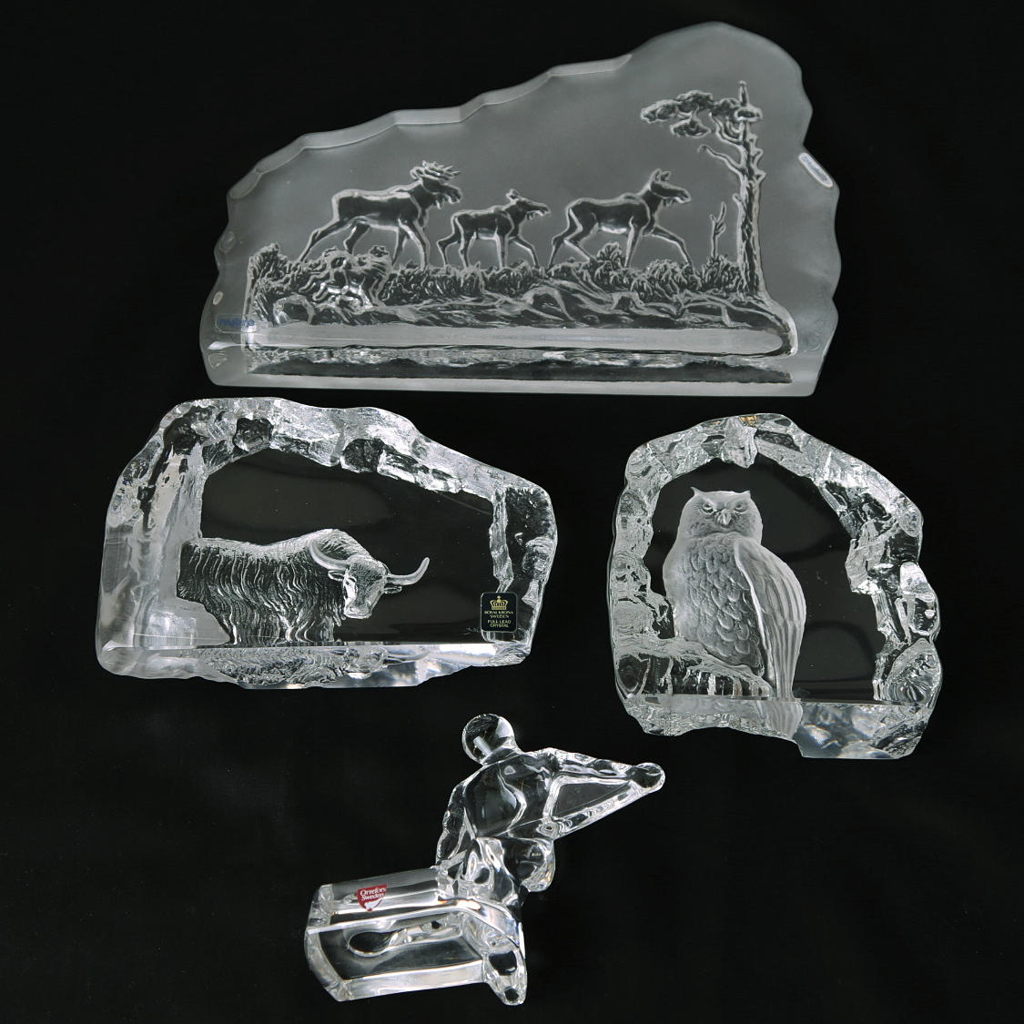 GLASBLOCK 3 st, Tjur och Uggla, Mats Jonasson, signerade. Älgar, Nybro + GLASFIGURIN Orrefors.