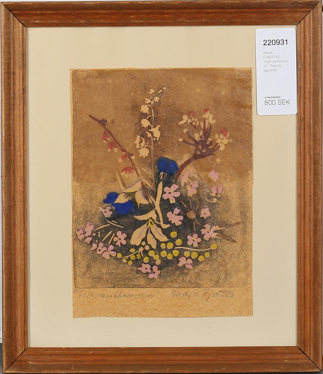 MAJA FJAESTAD. "Februariblommor". Träsnitt, signerad.