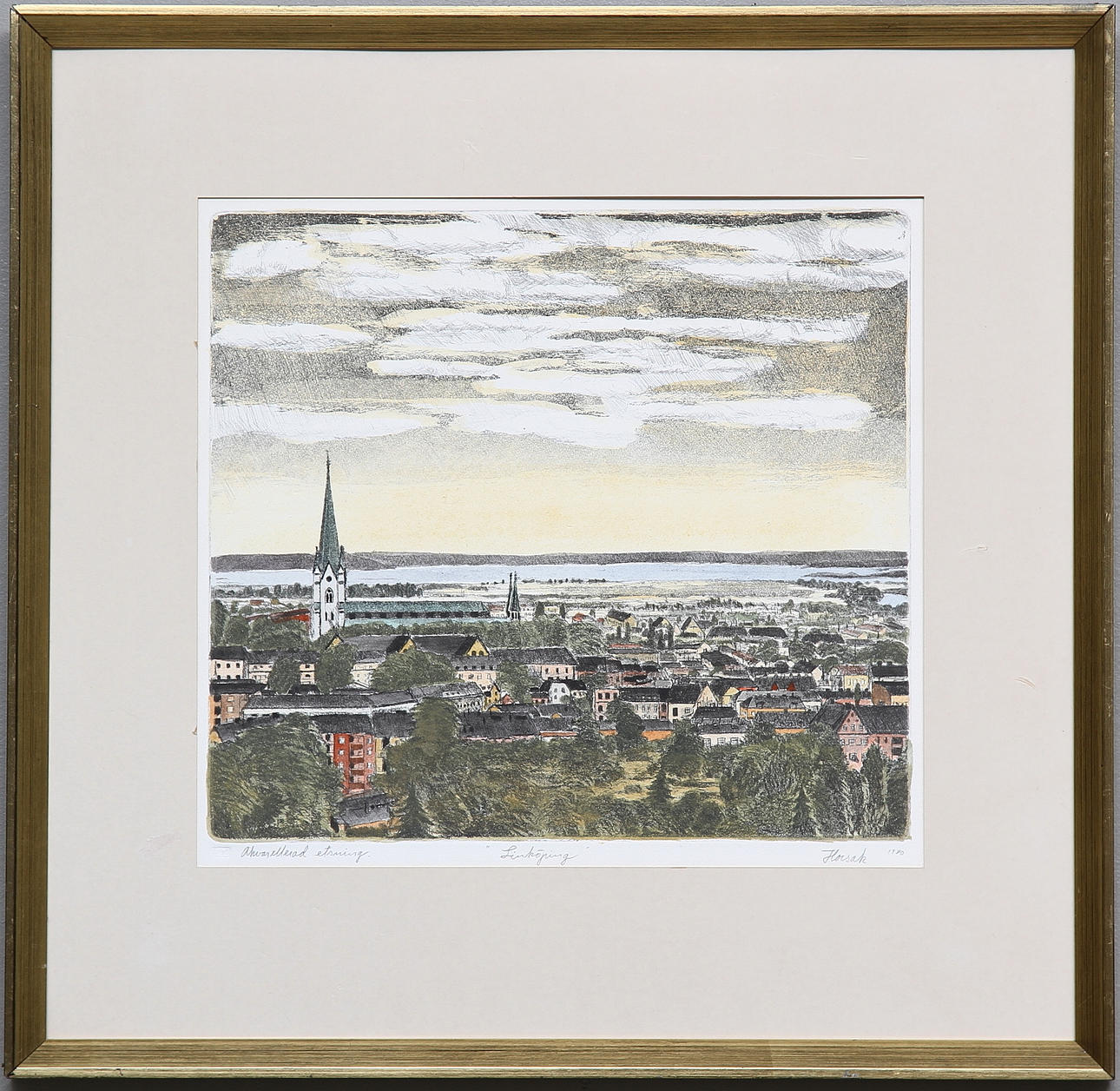 ALLAN HORSAK. "Linköping". Akvarellerad etsning, signerad och daterad 1980.
