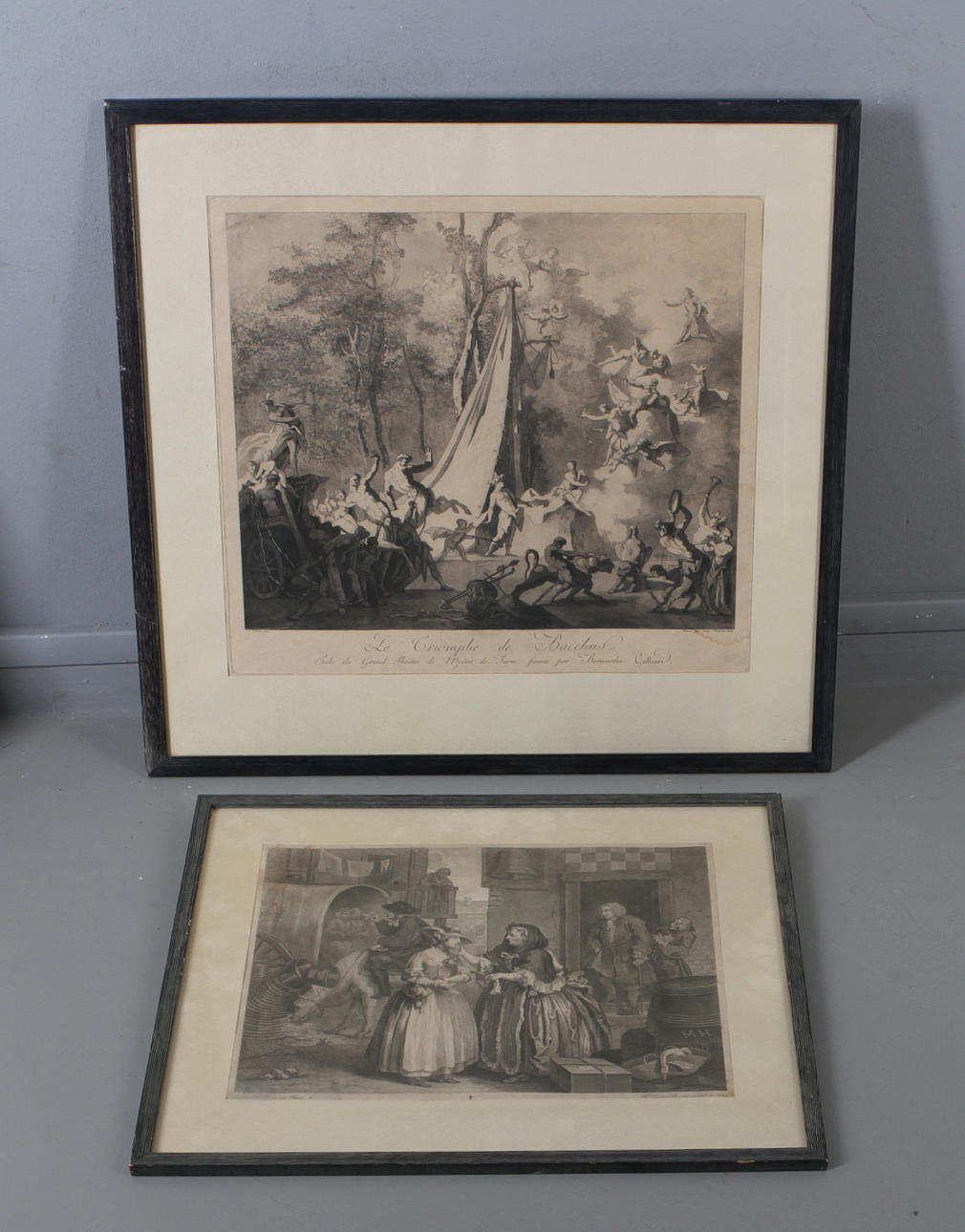 GRAVYRER, 2 st, "Le Triomphe de Bacchus", "A Harlots Progress Plate 1", 1700/1800-tal.