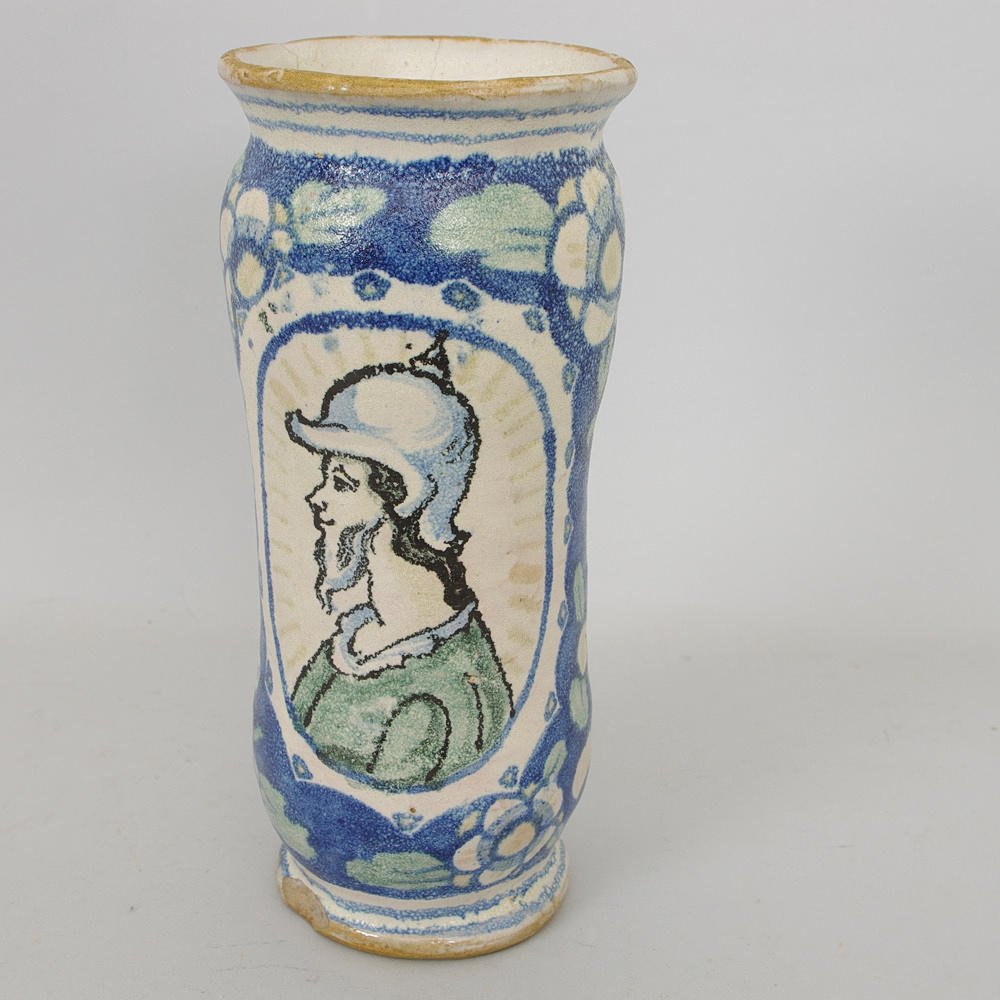 APOTEKSKÄRL, glaserad fajans, sk Albarello, Italien, 1700/1800-tal.