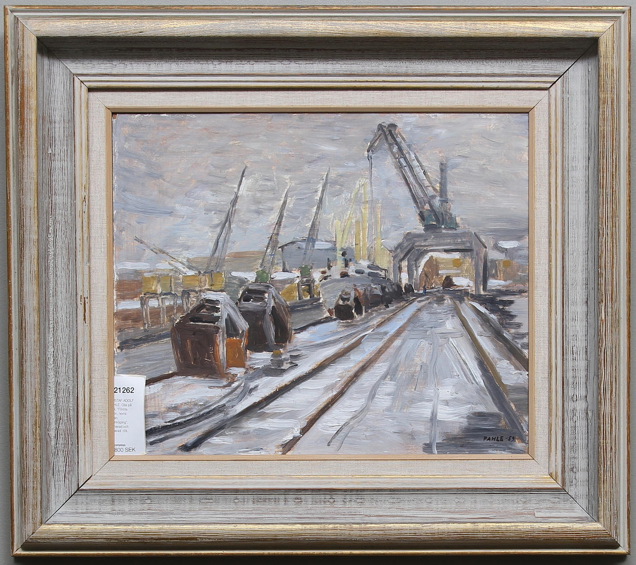 GUSTAF ADOLF FAHLE. Olja på duk, "Första snön, norra kajen, Norrköping", signerad och daterad -59.