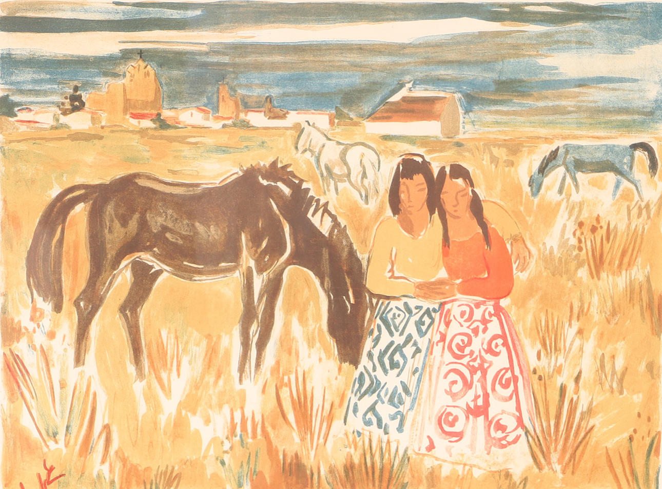 YVES BRAYER. Pockets and horses, color lithograph, signed.