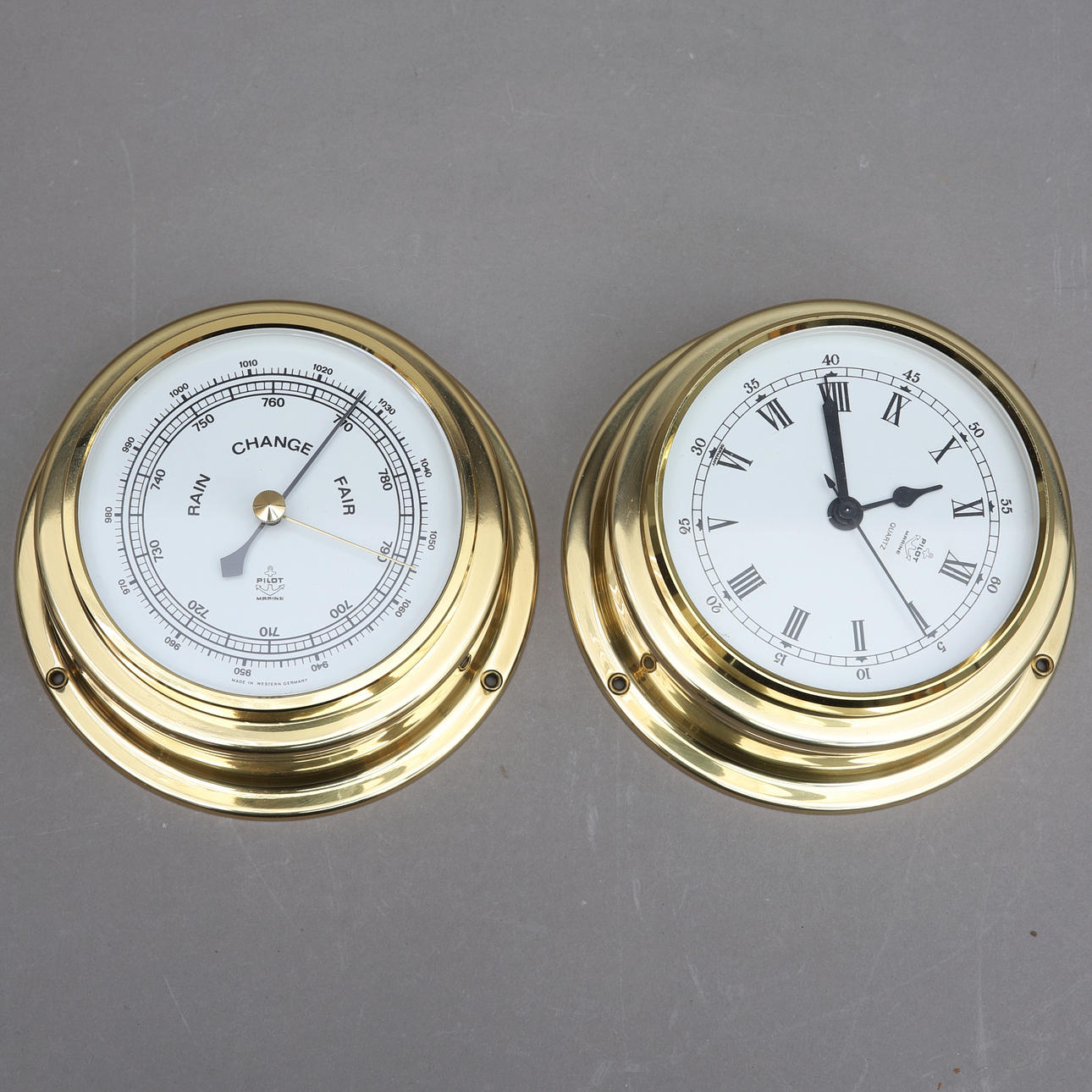 BAROMETER & CLOCK, yellow metal, Pilot Marine, West Germany.