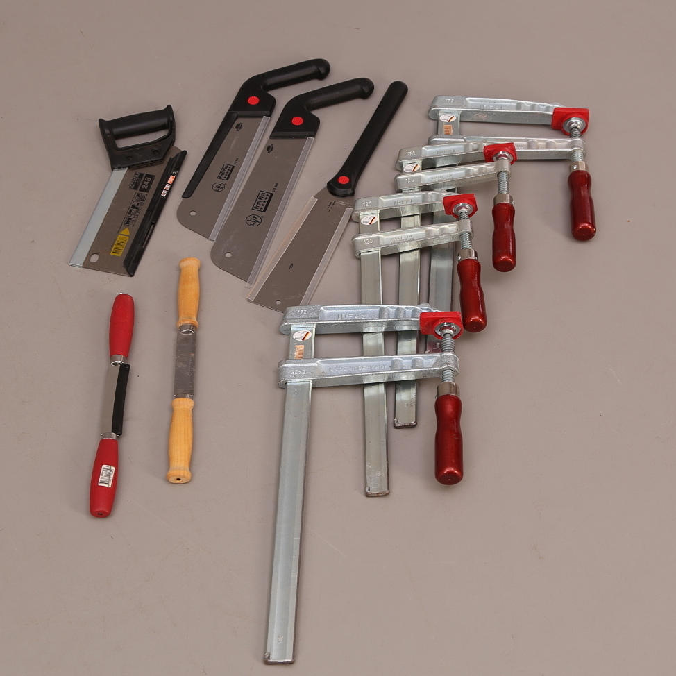 VERKTYG, 10 delar, tvingar + sågar + barkverktyg.