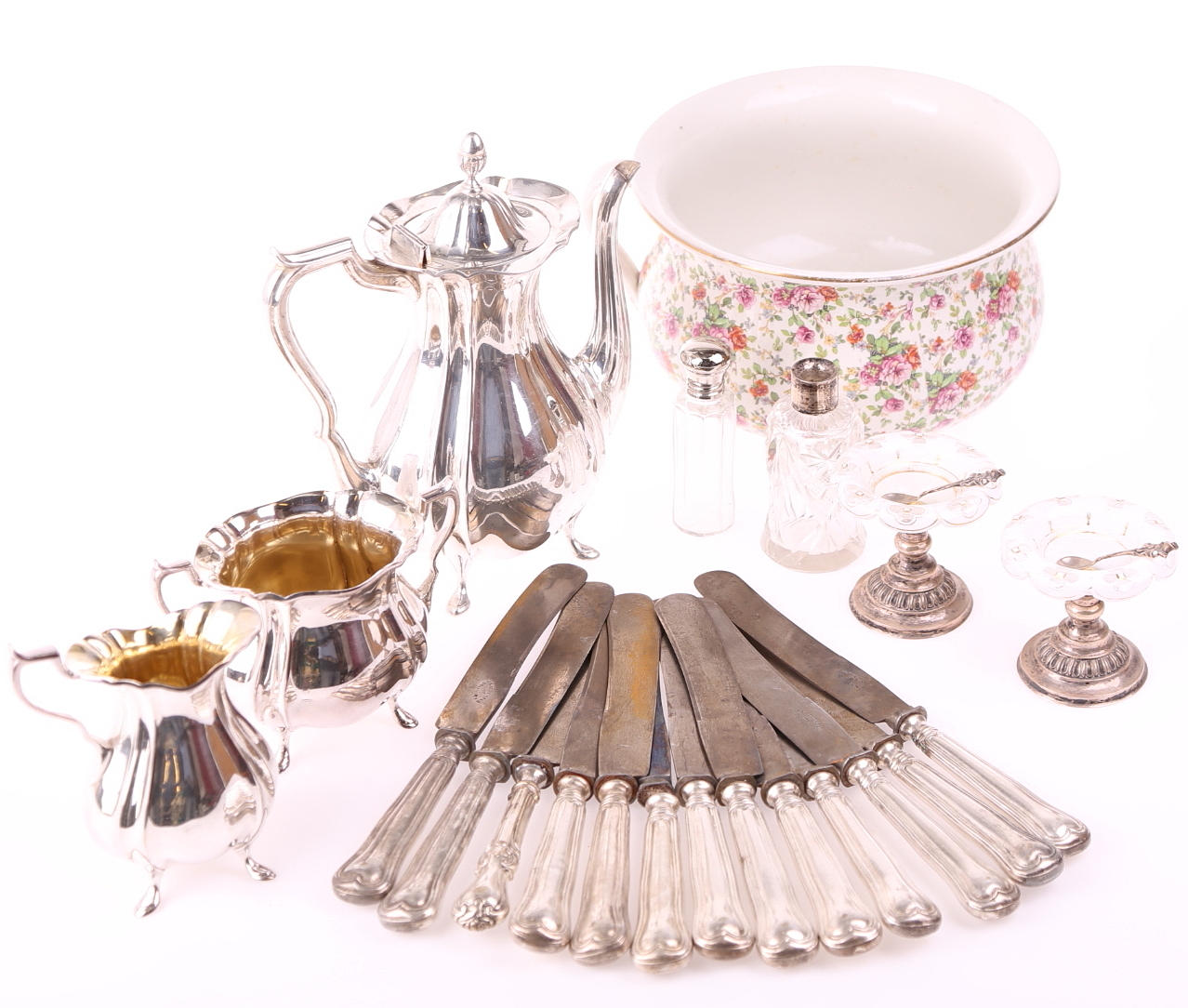 KAFFESET, 3 delar, nysilver + POTTA + HUSGERÅD.