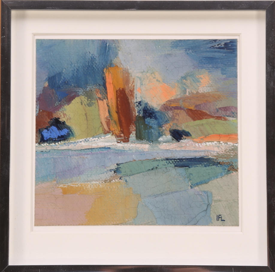 INGAN FRIMAN-LINDE. olja på duk, uppfordrad på papp, signerad IFL, Abstrakt landskap.