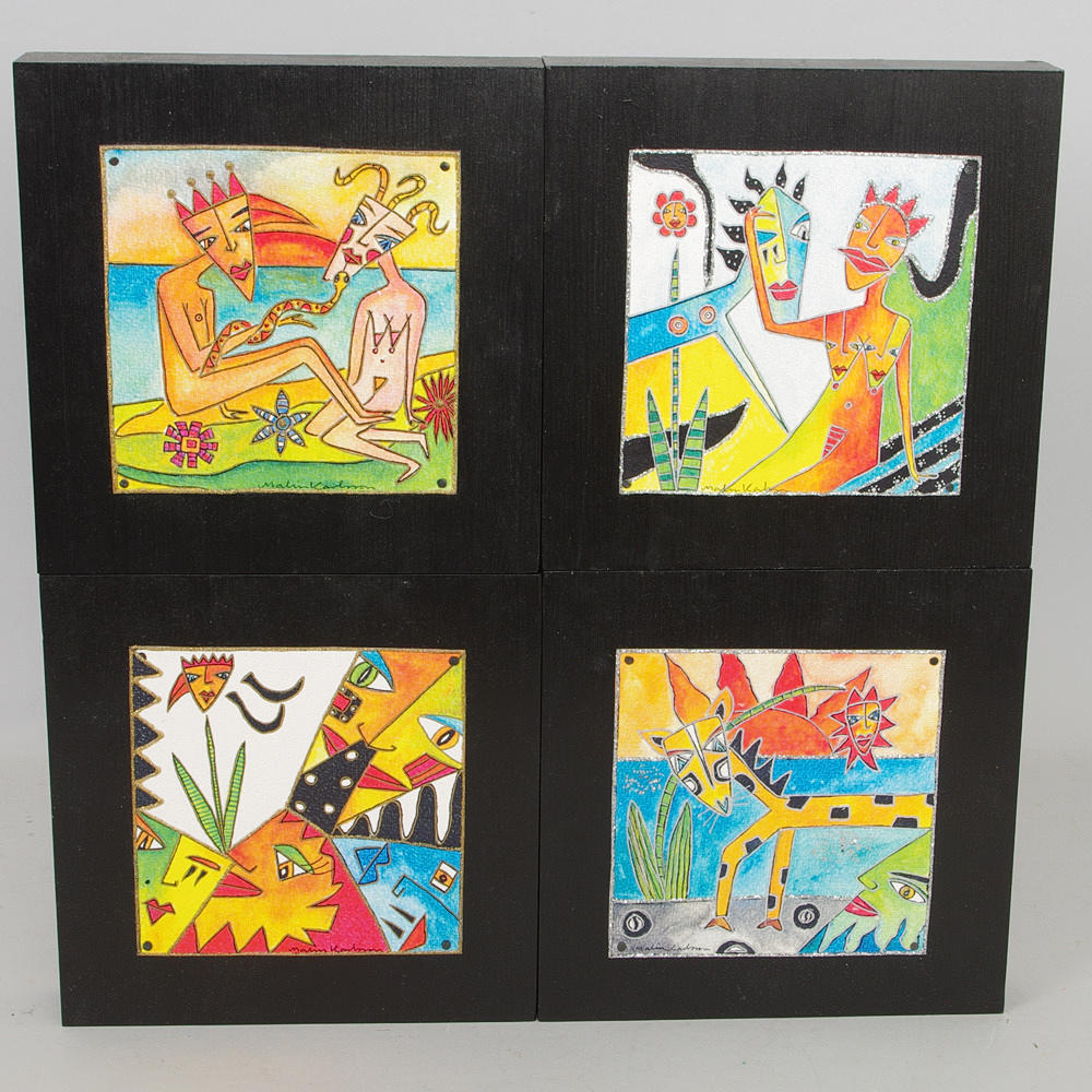 MALIN KARLSSON. 4 färgstarka kompositioner, blandteknik, signerade.