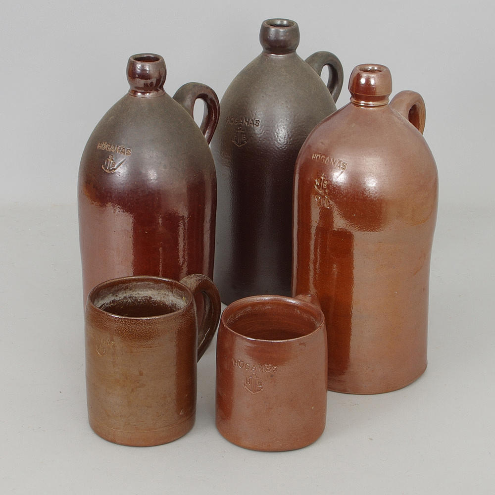 3 BRÄNNVINSKRUS SAMT 2 STOP, keramik, Höganäs.