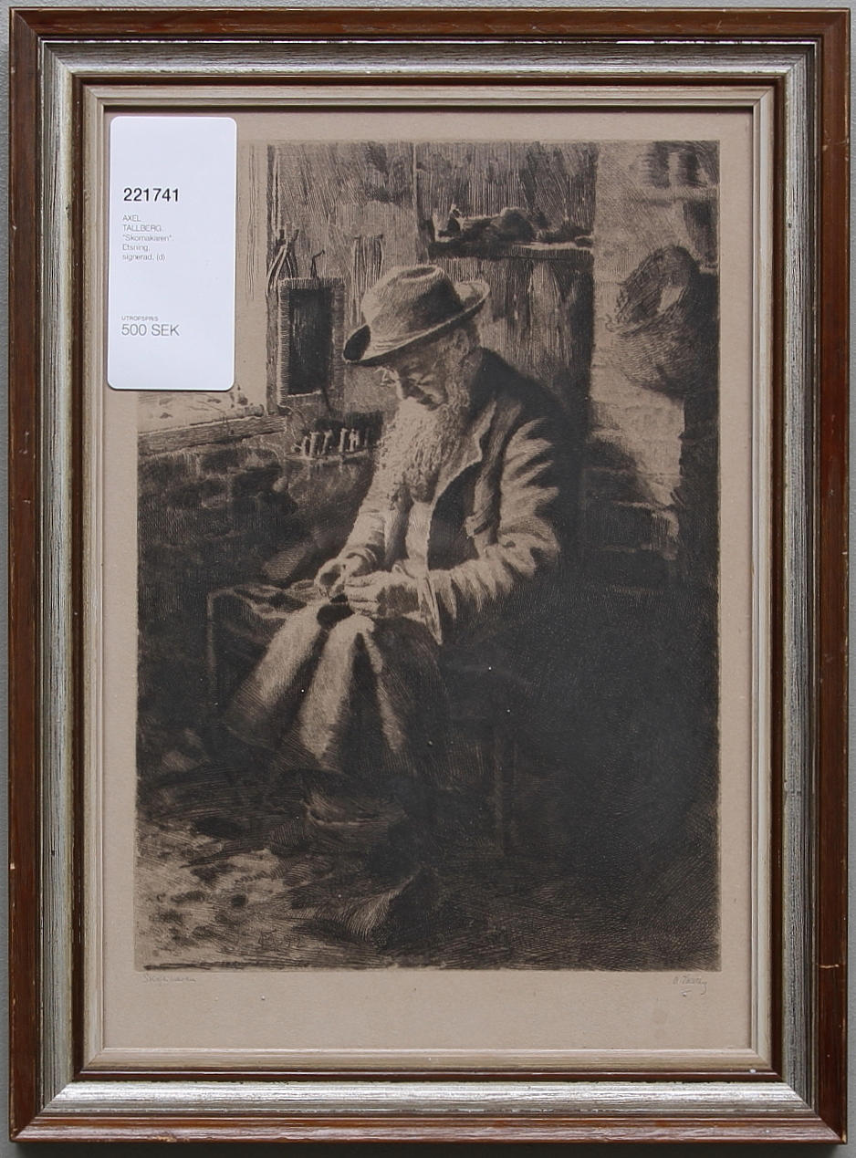 AXEL TALLBERG. "Skomakaren". Etsning, signerad.