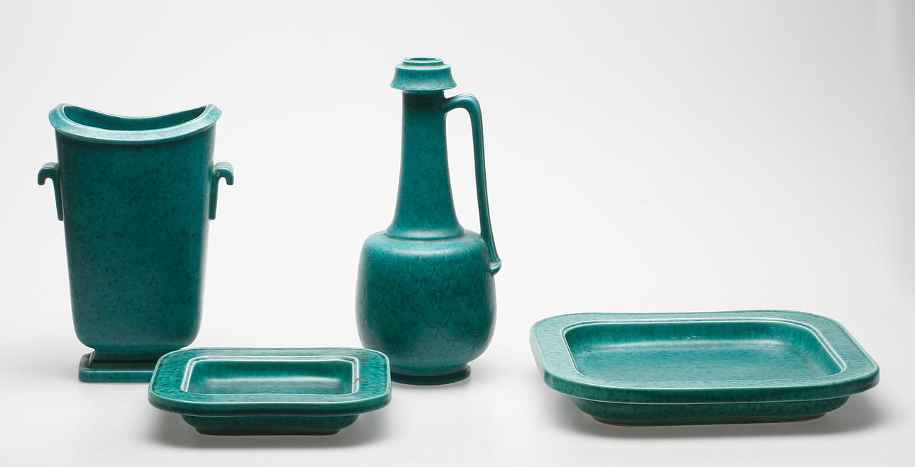 FAT, 2 st och VASER, 2 st, "Argenta", stengods, Wilhelm Kåge, Gustavsberg.