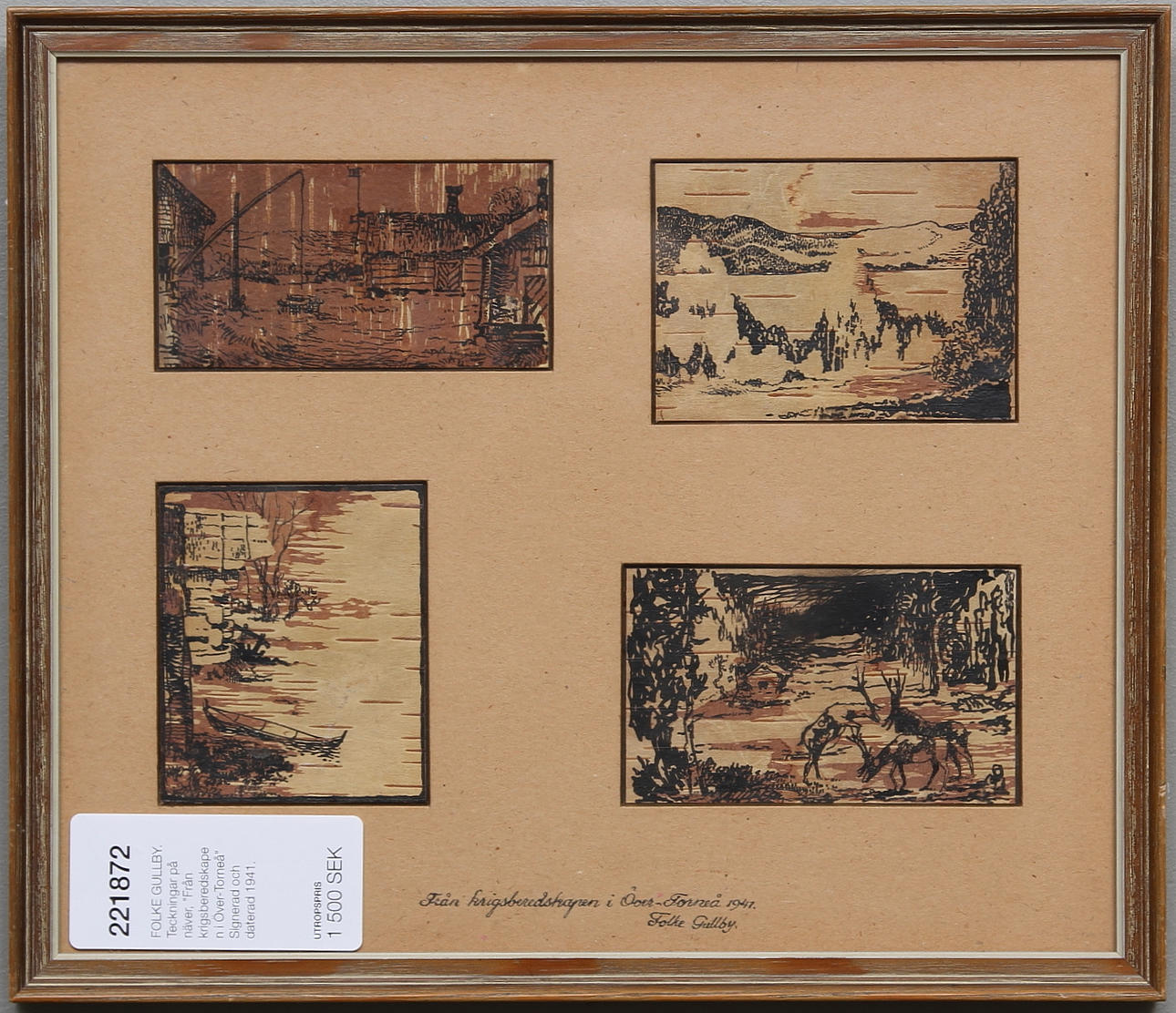 FOLKE GULLBY. Teckningar på näver, "Från krigsberedskapen i Över-Torneå" Signerad och daterad 1941.