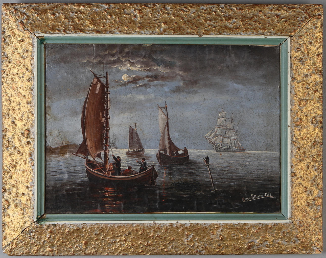 OIDENTIFIERAD KONSTNÄR. Marint motiv, olja på duk uppsatt pannå, signerad Helge Petterson samt daterad 1899.