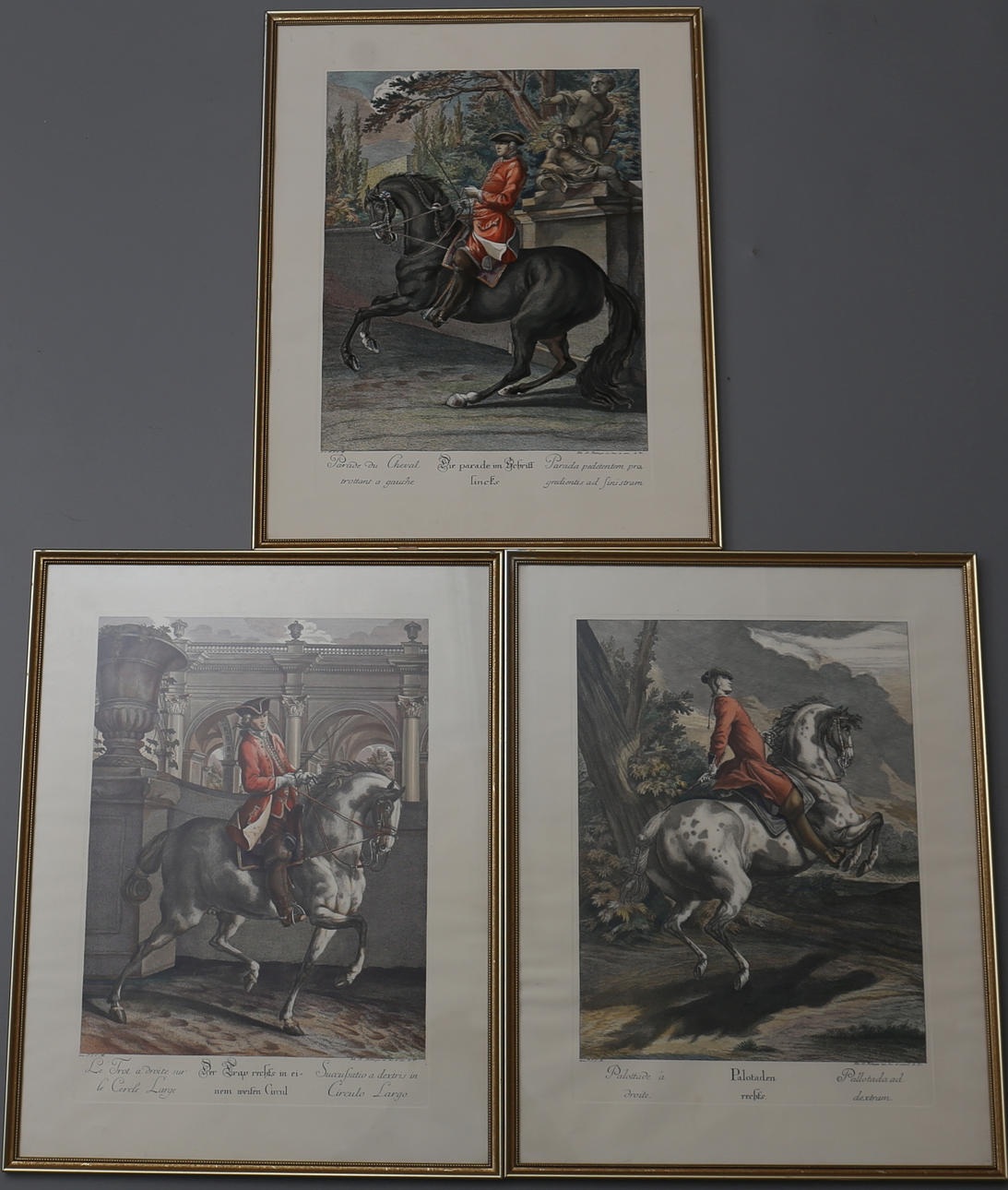 PARTI TAVLOR. Dressyr. 3 st. Tryck efter etsningar. Joh. El. Ridinger.