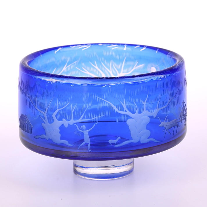 GUNNAR CYREN. SKÅL PÅ FOT, Glas, överfång i blått.