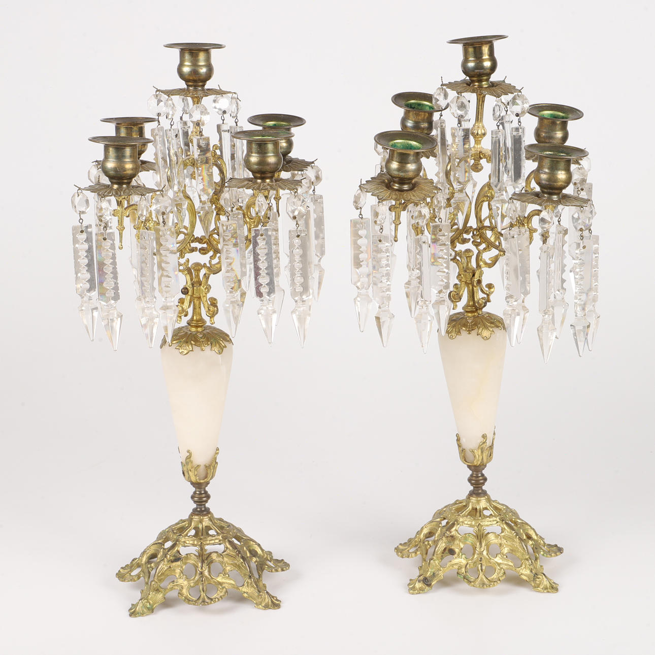 CANDELABRAS, 1 pair, Oscarian style, brass/marble with prisms.