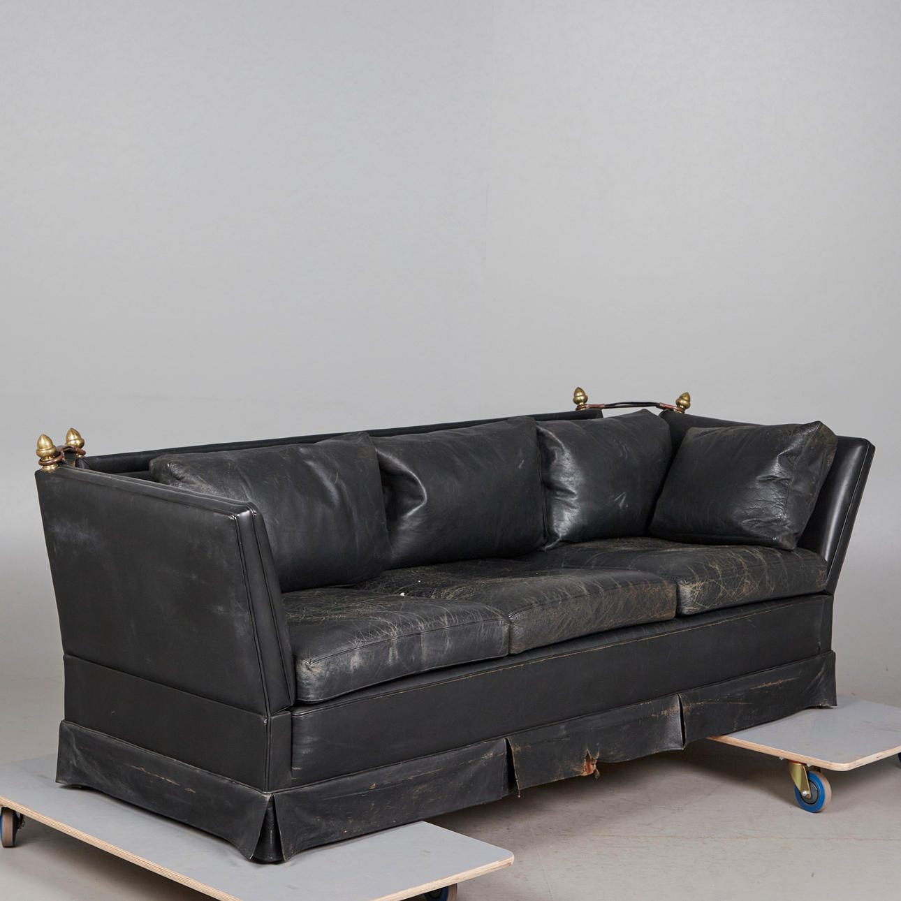 Three-seater sofa / couch, leather, brass.