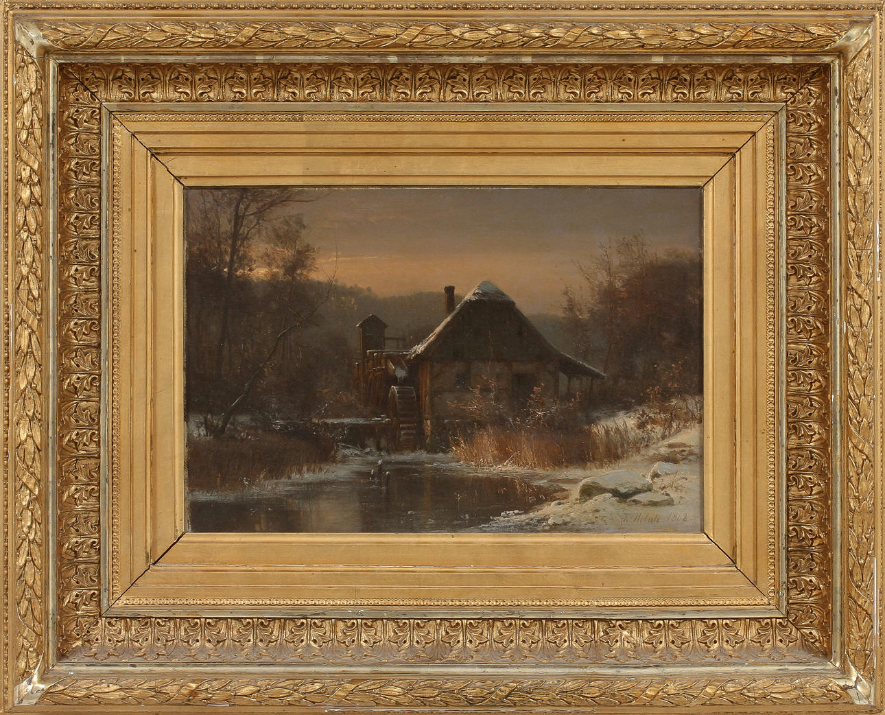 FREDERIK ROHDE. Stuga med vattenhjul i vinterlandskap, olja på duk, signerad och daterad 1862.