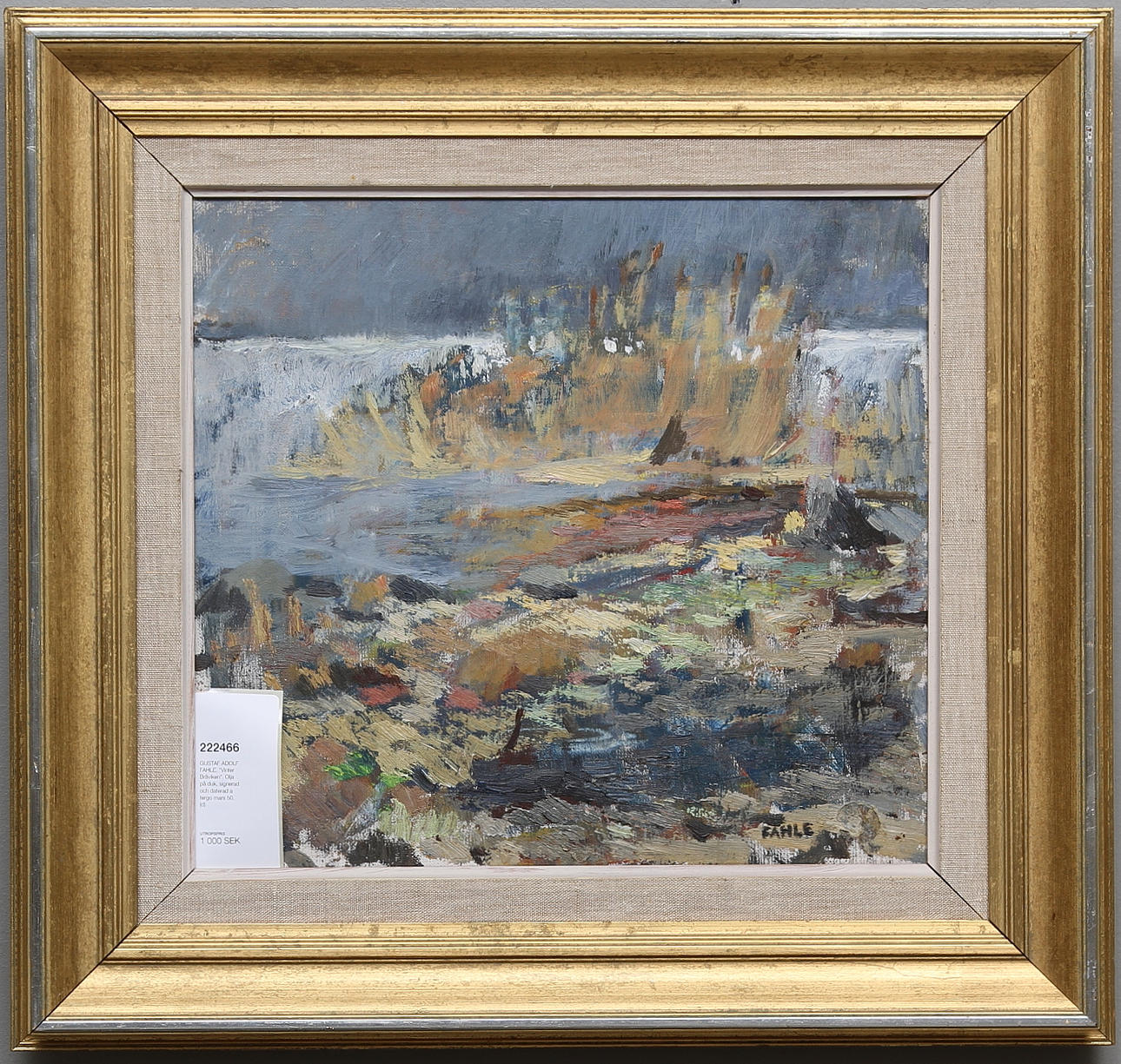 GUSTAF ADOLF FAHLE. "Vinter Bråviken". Olja på duk, signerad och daterad a tergo mars 50.