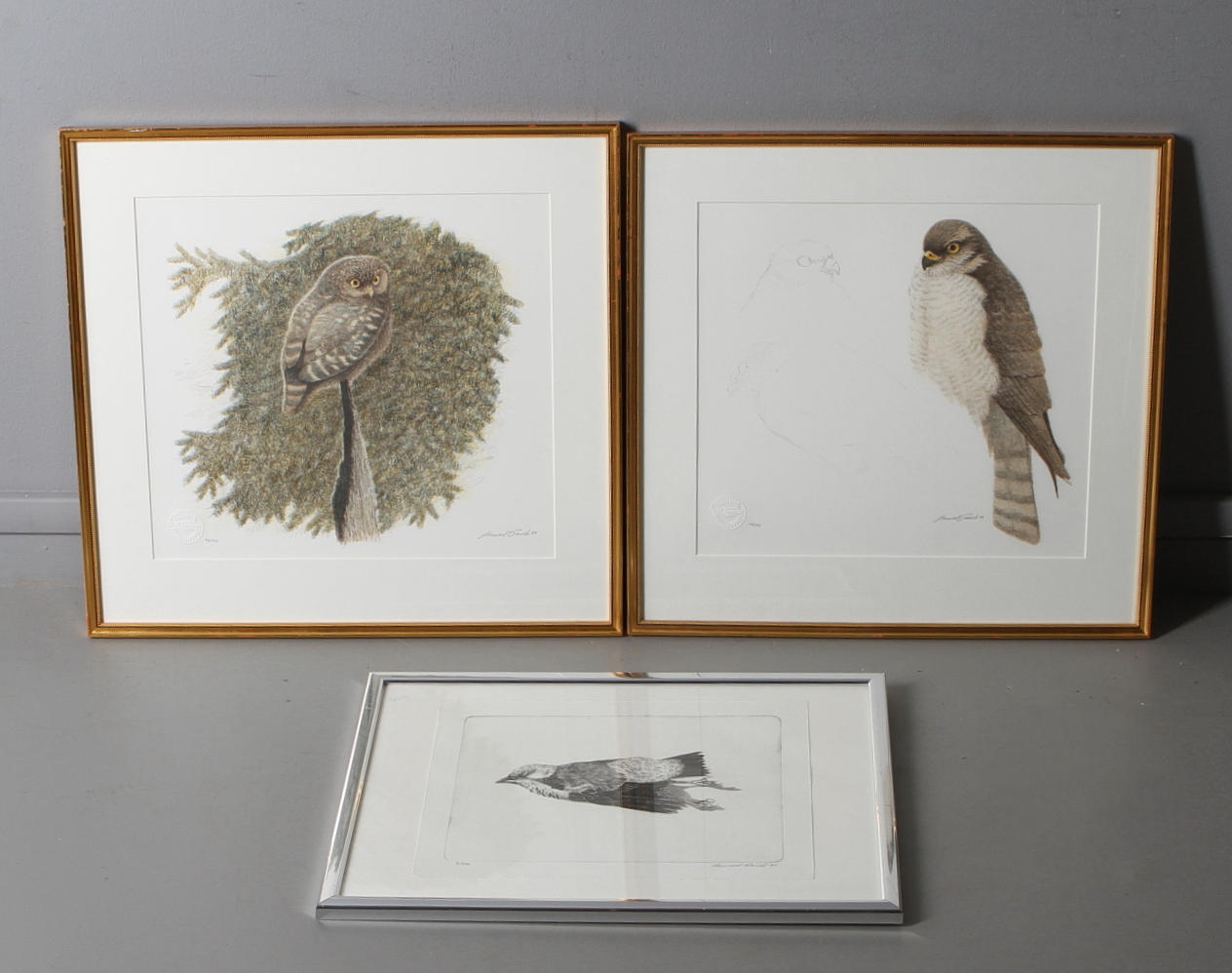 LENNART SAND. 3 st.Fåglar, litografier samt gravyr, signerade, numrerade.