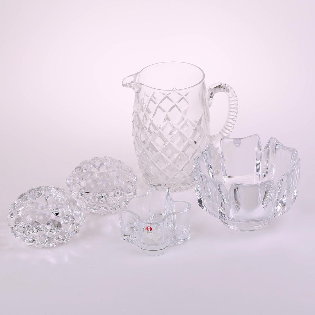 GLASFÖREMÅL, 5 delar, Corona, Hallon, Orrefors, Ittala.