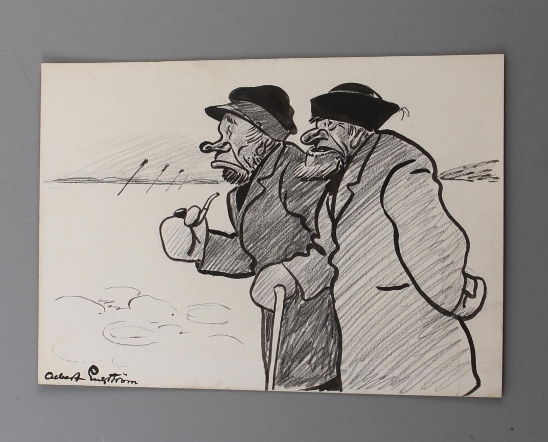 ALBERT ENGSTRÖM. Två gubbar, blandteknik, signerad.