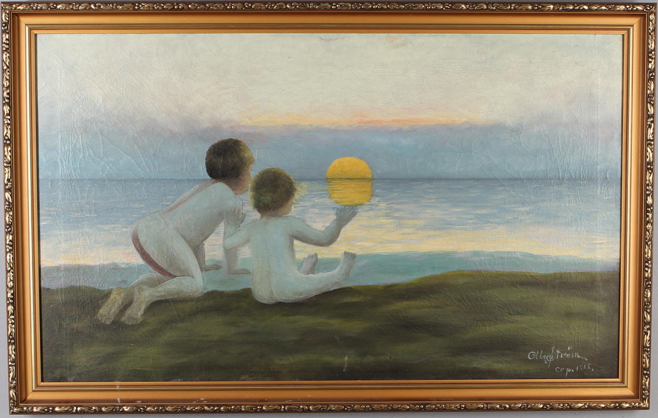 OIDENTIFIERAD KONSTNÄR. Två barn, olja på duk, kopiemålning, signerad Olle Ström, samt daterad cop 1918.