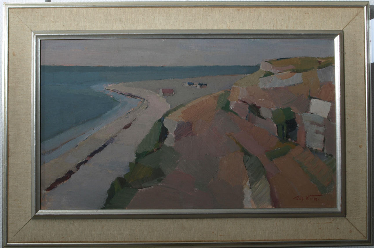 OIDENTIFIERAD KONSTNÄR. Olja på duk "Strandparti mot kalkstensklippor", signerad Folke N-n.