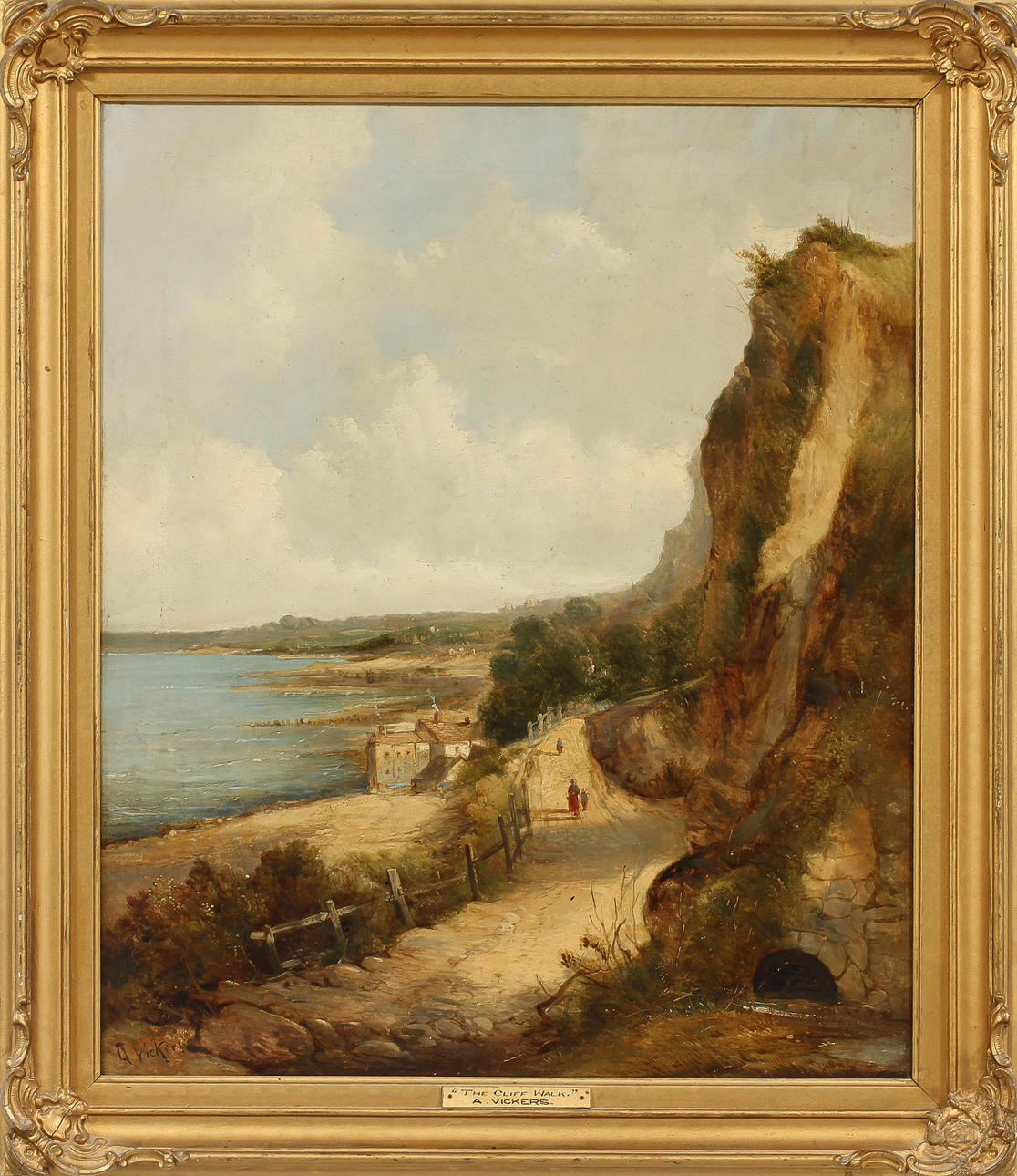 OIDENTIFIERAD KONSTNÄR. "The cliff walk" Olja på duk. Signerad A. Vickers.