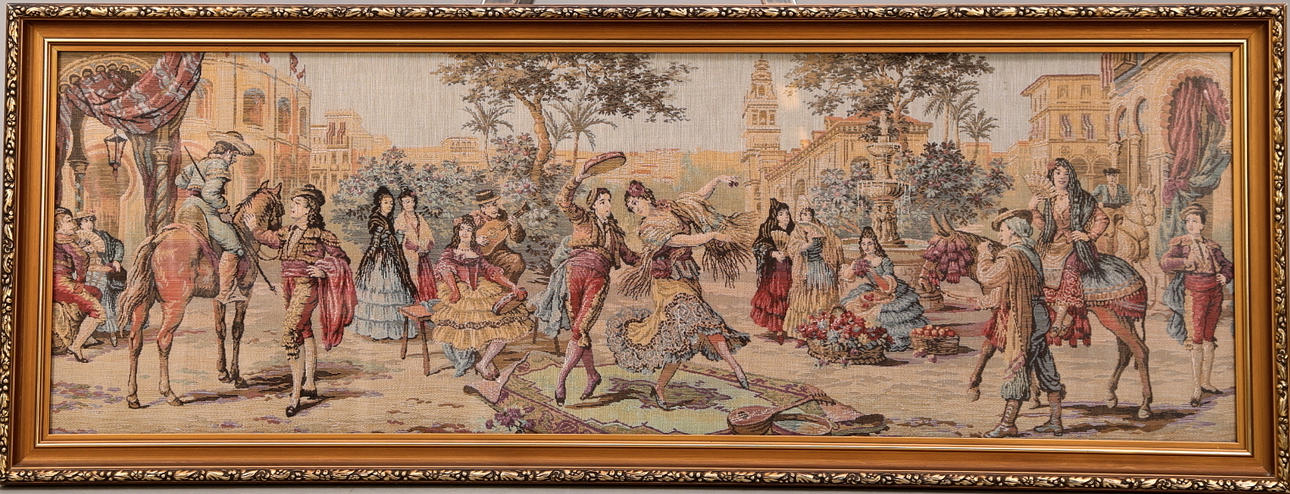 DÖRRÖVERSTYCKE, textilväv, 1700-talsmotiv, ramad, 1900-talets senare del.