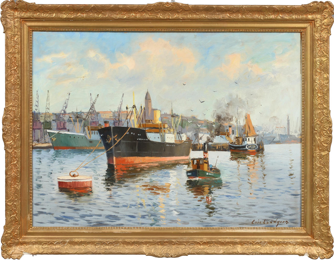ERIC LUNDGREN. Hamnbild Göteborg, olja på duk, signerad.