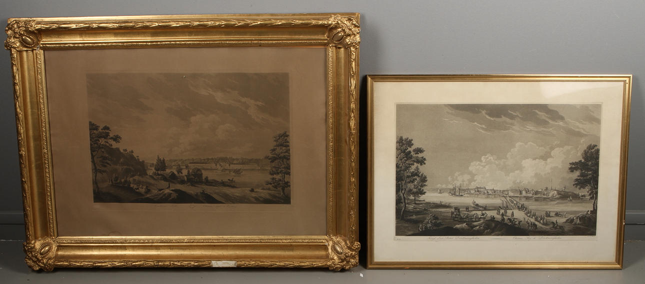 GRAVYRER, 2 st, föreställande Drottningholm samt Karlbergs slott, 17/1800-tal.