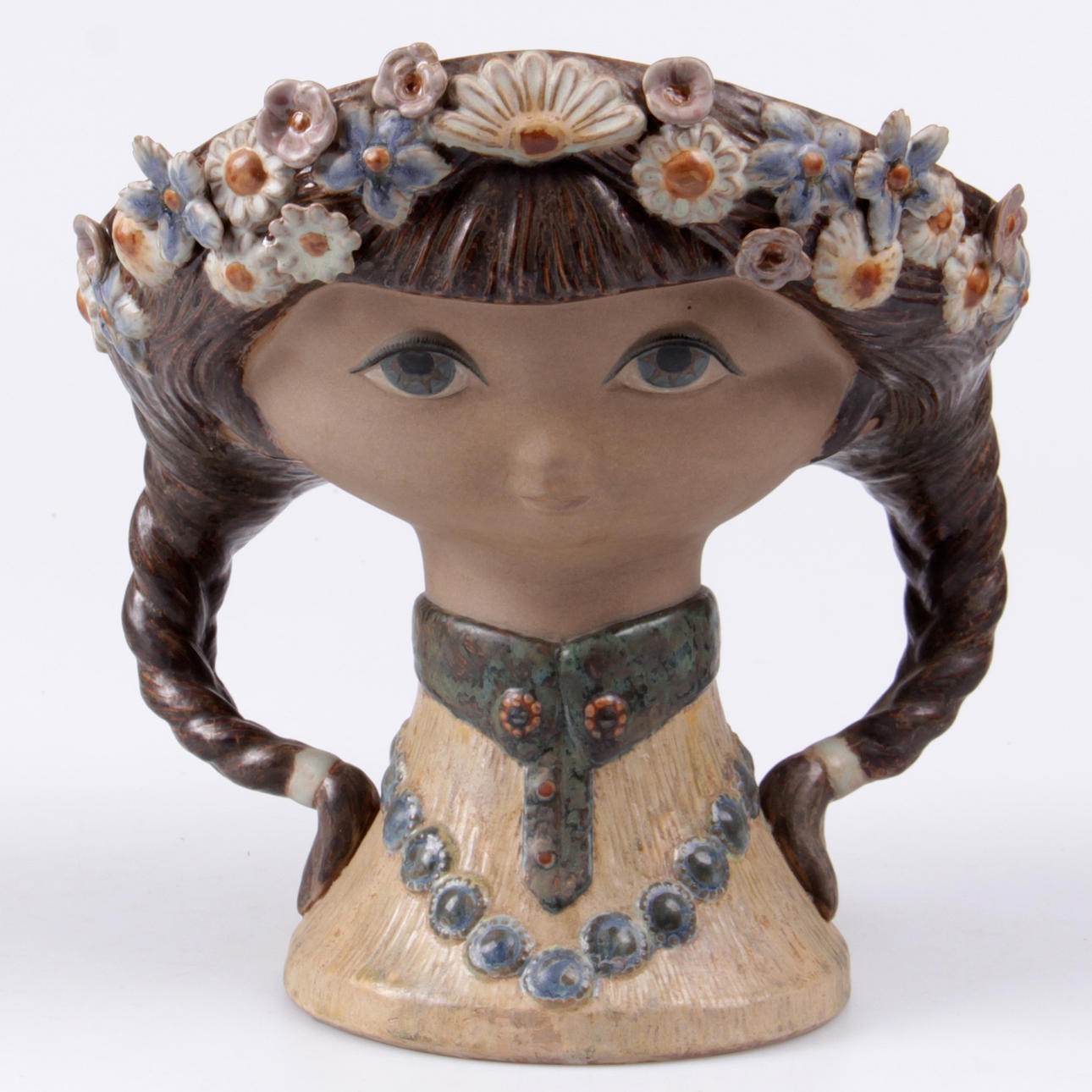 SKÅL PÅ FOT, keramik, flicka med blomsterkrans, Lladro, Spanien.