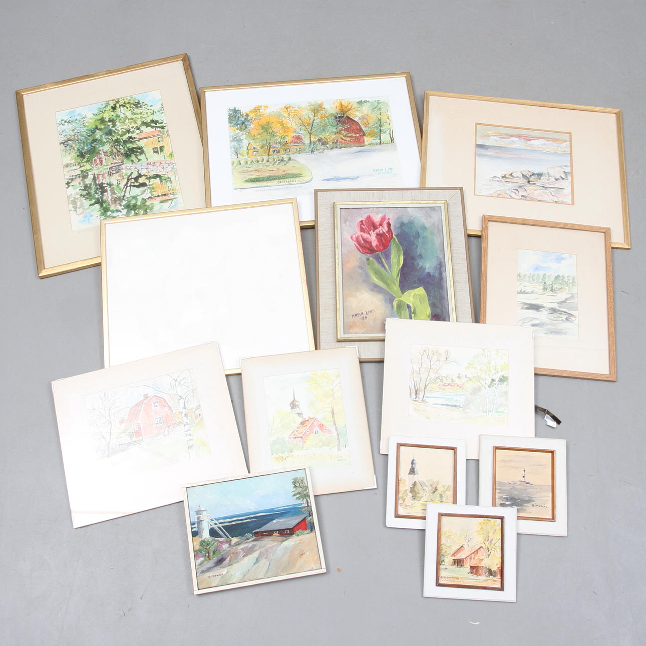 MASSA LIND. 12 st, originalmålningar, div. tekniker, samtliga signerade, delvis daterade.